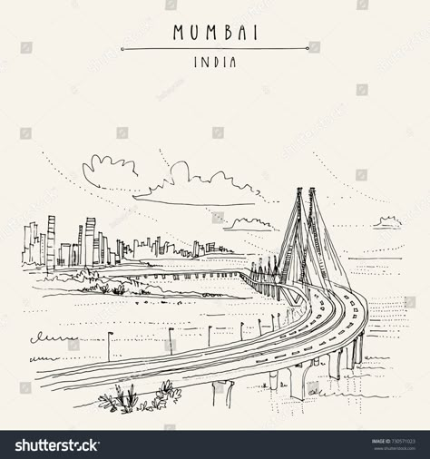 Bandra-Worli Sealink (Rajiv Gandhi Sea Link), a cable-stayed vehicular bridge in Mumbai (Bombay), India. Cityscape sketch. Travel art. Vintage hand drawn postcard in vectorcable#Link#stayed#bridge Mumbai Drawing Art, Mumbai City Sketch, Mumbai City Doodle Art, Mumbai Skyline Sketch, Travelling Drawing Ideas, Mumbai Sketch Art, Mumbai City Drawing, Mumbai Illustration Art, Mumbai Doodle Art