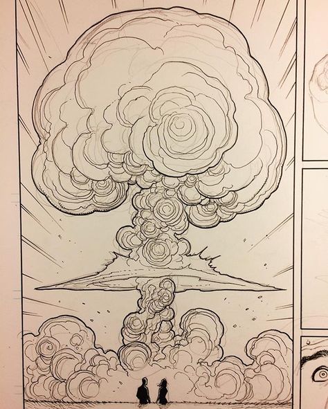 Skybourne, mushroom cloud. On my drawing board right now. Things get real in this issue. At this point I can draw mushroom clouds in my sleep. ;-) @frankchoartist #skybourne #boomstudios #boomcomics #mushroomcloud Explosion Drawing, Mushroom Cloud, Frank Cho, Drawing Board, Get Real, Art Studies, Art Reference Photos, 그림 그리기, Drawing Inspiration