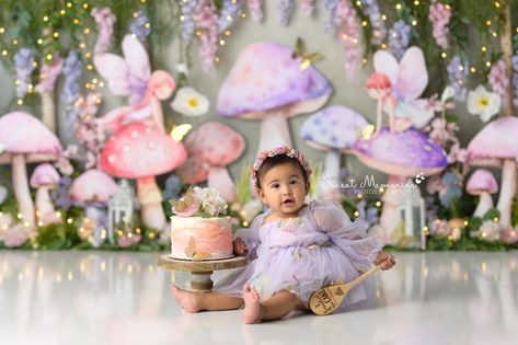 Purple Fairy Birthday Cake, Smash Cake Fairy, Fairy Garden Cake Smash, Fairy 1st Birthday Photoshoot, Fairy Smash Cake, Fairy Cake Smash, Fairy Theme Birthday Party, Fairy Party Decorations