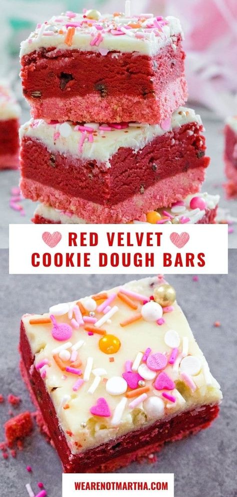 These Red Velvet Cookie Dough Bars are a party favorite... they're perfect for Valentine's Day, but are a yummy dessert for any occasion! | wearenotmartha.com Valentine’s Day’s Desserts, Valentine No Bake Desserts, Valentine Side Dishes Easy Recipes, Valentine’s Day Deserts Easy, Valentine’s Sweet Treats, Red Velvet Cookie Dough Bars, Valentines Day Cookie Bars, Valentine Dessert Bar Ideas, Bake Off Dessert Ideas