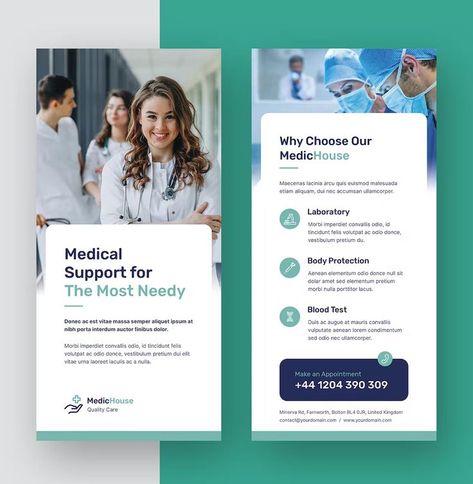 Doctor and Medical Services DL Flyer Template INDD, IDML, PSD, Afdesign, Afphoto, Afpub, PPTX, DOCX New Flyer, Clinic Design, Graphic Design Lessons, Blood Test, Medical Services, Photoshop Tutorial, Social Media Design, Flyer Template, Banner Design