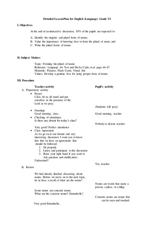 Detailed Lesson Plan for English (Language) Grade 6 Language Arts Lesson Plans Elementary, Teacher Lesson Plans Elementary, Lesson Plan In English Grade 2, Nouns Lesson Plan, Udl Lesson Plan Template, Lesson Plan Format Elementary, Semi Detailed Lesson Plan In English, Nouns Lesson, 6th Grade English