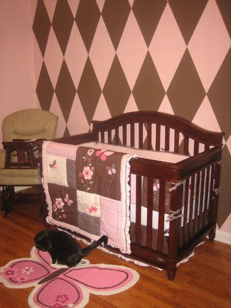 pink and brown nursery diamond painted walls Pink Brown Room Aesthetic, 2000s Nursery, Pink And Brown Room, Pink And Brown Nursery, Monkey Room, 2000s Room, Pink Baby Room, Brown Nursery, Lillian Rose