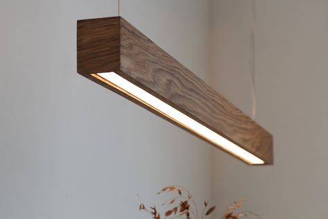 Wooden Lights Hanging, Modern Light Fixtures Dining Tables, Long Light Fixture, Wooden Hanging Lights, Wooden Ceiling Lights, Wooden Ceiling Light, Dining Lamp, Interior Lighting Design, Kitchen Sink Lighting