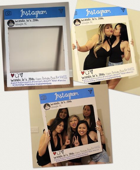 Cardboard box Instagram cutout for birthday ! Instagram frame DIY, Instagram photo booth prop - made with cardboard box, blue construction paper, white paint, black+blue+red sharpie Instagram Cardboard Frame Photo Booths, Instagram Cardboard Cutout, Instagram Frame Diy, Picture Frame Prop, Ig Frame, Photo Booth Backdrop Frame, Diy Photo Frame Cardboard, Instagram Photo Booth, Instagram Cutout