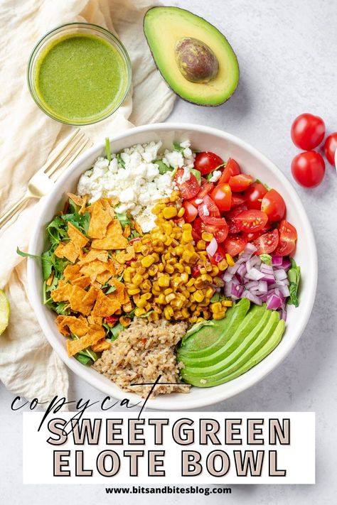 This Sweetgreen copycat salad recipe is one of my favorite summer salad recipes! This elote salad bowl has tomatoes, quinoa, goat cheese and so much goodness. Of course complete with a homemade lime cilantro jalapeno vinaigrette salad dressing recipe to top. Elote Bowl, Corn Elote, Bits And Bites, Vegan Entree Recipes, Salad Bowl Recipes, Main Dish Casseroles, Meatless Main Dishes, Chicken Sweet Potato, Free Meal Plans