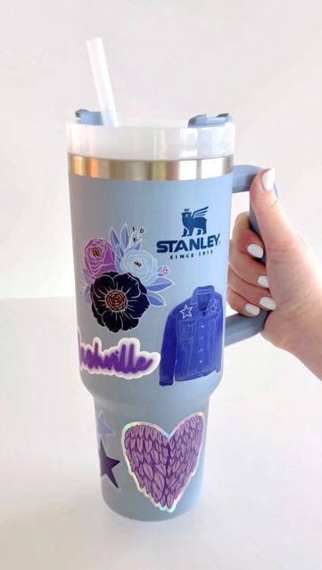 Stanley Sticker Ideas, Stickers On Stanley Cup, Stanley Cup Aesthetic Stickers, Stanley With Stickers, Stanley Blue, Stanley Stickers, Elyse Breanne, Copo Stanley, Stanley Brand