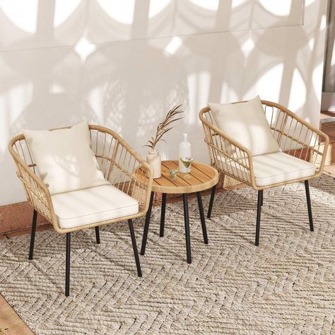 PRICES MAY VARY. Rattan Stylish 3-Piece Bistro Set: This set includes 2 wide cushioned armchairs and an accent coffee table, great for enjoying leisure time outdoors. It adds a chic mid-century modern touch to your patio, porch, backyard, balcony, deck, or poolside Cozy & Weatherproof Cushions: Enjoy ultimate comfort with thick, soft sponge and cotton-filled cushions that feel like sitting on a cloud. Moreover, the polyester covers are water and fade repellent, and removable for your easy cleani Comfortable Balcony Furniture, Outdoor Furniture For Balcony, Front Porch Table And Chairs, Patio Furniture Boho, Porch Table And Chairs, Bohemian Patio Furniture, Small Back Porches, Florida Apartment, Mid Century Modern Patio