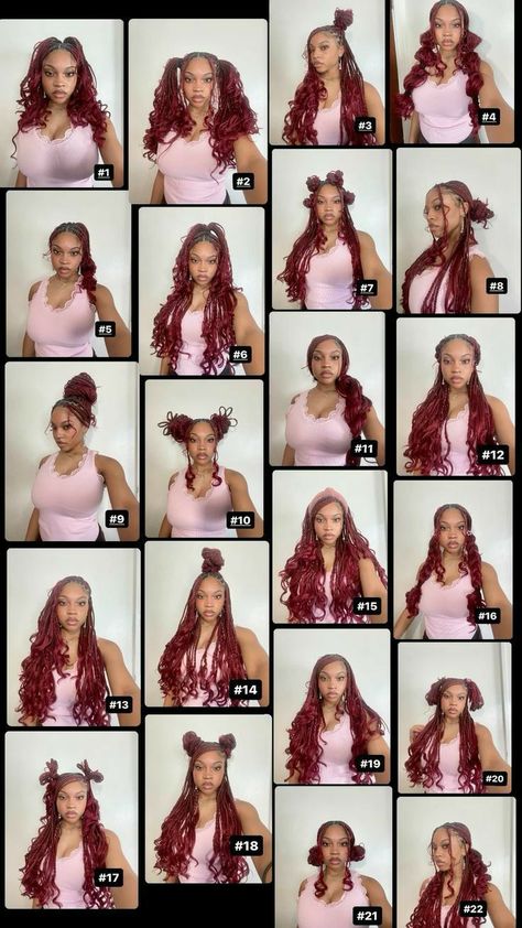 how to style goddess braids Goddess Braids Red Hair, Red Curly Braids Black Women, Ways To Style Goddess Braids Hairstyles, Styling Goddess Braids Hairstyles, Red And Black Goddess Braids, Ways To Style Goddess Braids, Christmas Braids Hairstyles Black, Red Goddess Box Braids, How To Style Goddess Braids