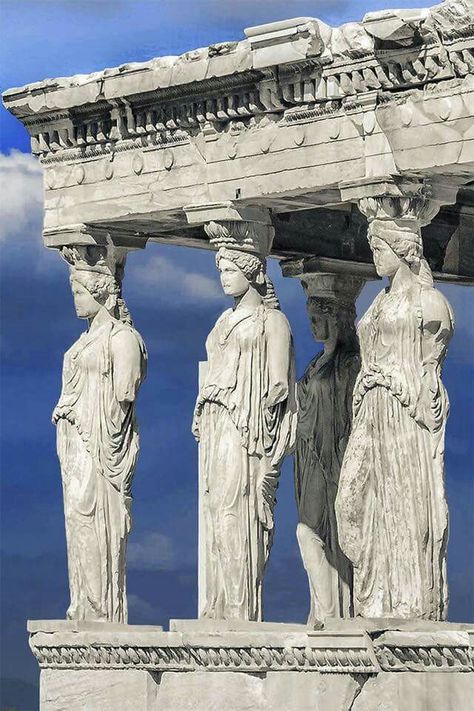 The Caryatid Porch of the Erechtheion, Athens, 421–407 BC Architecture Ancient, Acropolis Of Athens, Greek Architecture, Ancient Greek Sculpture, Istoria Artei, Athens Acropolis, Ancient Greek Art, Ancient Greek Architecture, Greek Sculpture