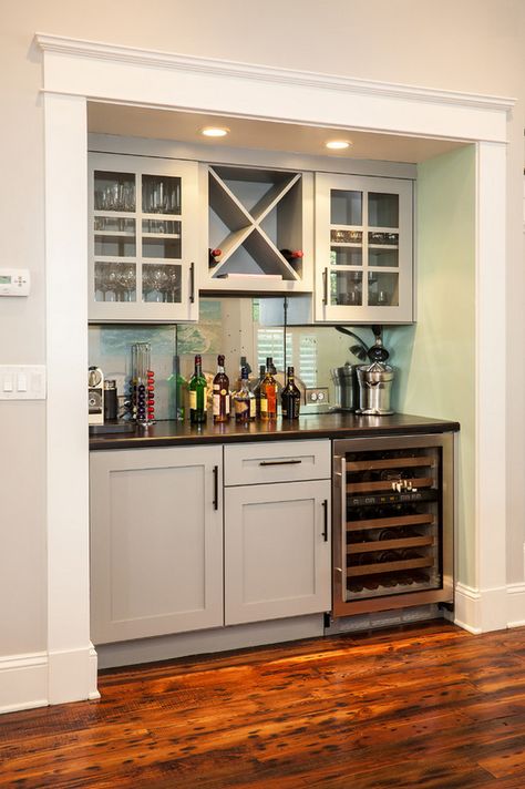 Built in storage, fridge, china display up top.  House of Turquoise: Renewal Design-Build Basement Kitchenette, Closet Bar, Dining Room Hutch, Herringbone Backsplash, Built In Bar, House Of Turquoise, Home Bar Designs, Wet Bars, Basement Bar