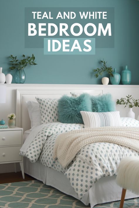 Create a calm and stylish space with these teal and white bedroom ideas. From teal accent walls to cozy decor, transform your room into a dreamy sanctuary! Teal Bedroom Curtain Ideas, Teal Painted Walls Bedroom Ideas, Light Teal Bedroom Walls, Watercolor Bedroom Ideas, Aqua Bedroom Ideas For Teens, Teal Furniture Bedroom, White And Aqua Bedroom, Aqua Room Ideas, Teal Blue Bedroom Ideas