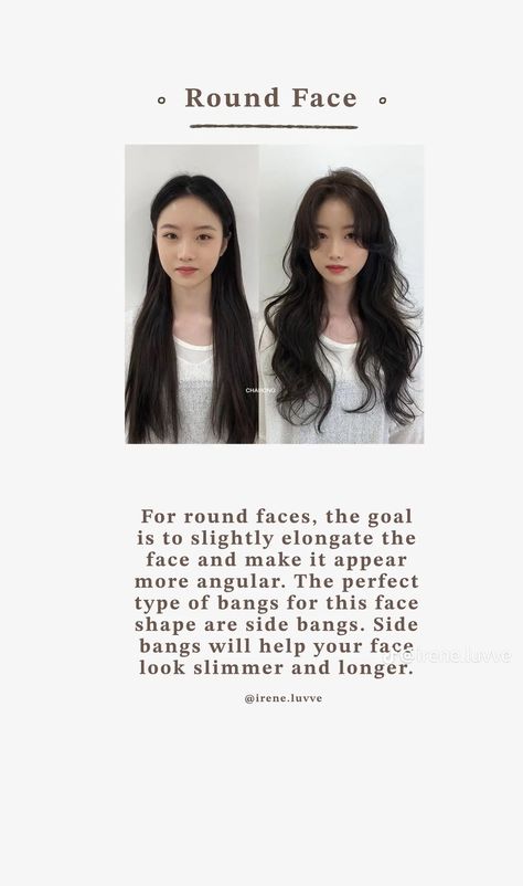 Haircut For Women Round Face, Haircut Idea For Medium Hair, Bangs For Round Face Asian, Round Shape Haircut For Women, Hair For Wide Face, Tips For Round Faces, Korean Round Face, Haircut For Round Face Asian, Hairstyles To Slim Your Face