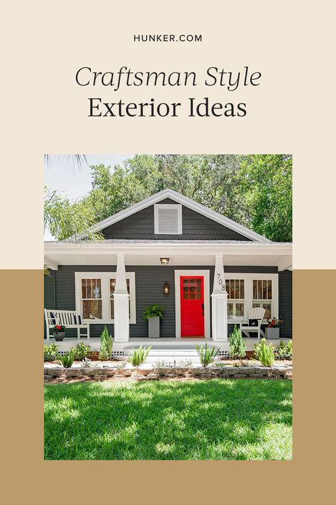 The craftsman style home makes for a charming and timeless space, both inside and outside your home. Check out our inspiration guide for creating your dream craftsman home, starting with the exterior. #hunker #craftsmanhome #craftsmanexterior #craftsmanarchitecture Classic Craftsman Exterior Colors, Exterior Paint Colors For Craftsman Style House, Arts And Crafts Bungalow Exterior, Craftmans Style House Exterior Paint, Arts And Crafts Exterior Home, Traditional Exterior Craftsman, Craftsman’s Style Exterior, Craftmans Style House, Craftsman Exterior Colors Schemes