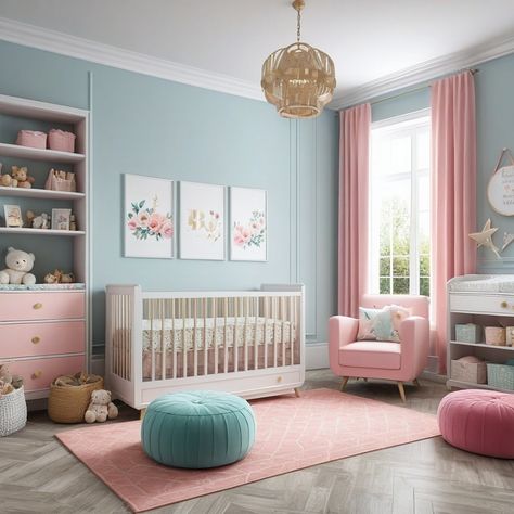 Baby Blue Nursery Girl, Blue And Pink Nursery Girl, Girl Nursery Colors Palette, Pink And Blue Nursery Girl, Tiffany Blue Nursery, Girl Nursery Blue, Teal Nursery Girl, Blue And Pink Nursery, Blue Girl Nursery