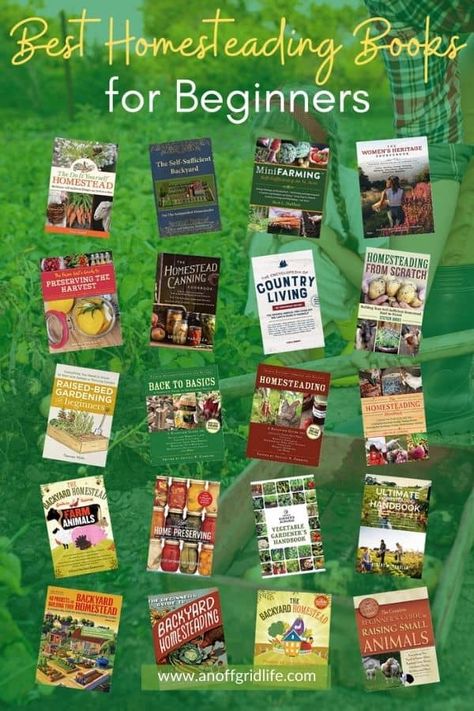 Best Homesteading Books for Beginners text overlay on image of 20 homesteading book covers against a farmer in a field background Best Homesteading Books, Homestead Books, Beginner Homesteading, Homesteading Books, Homesteading For Beginners, Living Off Grid, Backyard Coop, Off Grid Homestead, Books For Beginners