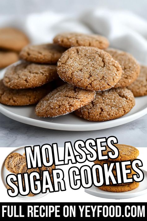 Molasses Sugar Cookies - Yeyfood.com: Recipes, cooking tips, and kitchen hacks for home cooks of all levels No Chill Molasses Cookies, Sugar Free Molasses Cookies, Mollases Sugar Cookies, Malassis Cookies Recipes, Amish Molasses Cookies, Recipes With Molasses, Soft Molasses Cookie Recipe, Blackstrap Molasses Recipes, Cinnamon Bread Easy