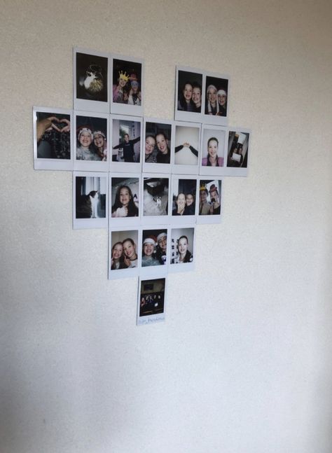 Ways To Put Pictures On Wall, Poloroid Heart On Wall, Cute Ways To Display Polaroids, Poloroid Pictures Ideas Fairy Lights, Heart Made Out Of Pictures On Wall, Polaroid Craft Ideas, Heart Polaroid Wall, Polaroid Design Ideas, Heart Picture Collage Layout