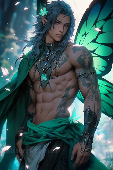 Fae Fashion, Male Fairy, Male Elf, Rare Features, Elf Art, Little Butterfly, Roleplay Characters, Japon Illustration, Anime Guys Shirtless