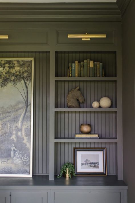 Built In Bookshelves Remodel, Bookshelves Into Built Ins, Dark Stained Built Ins, Built In Bookshelves Around Window Office, Built In With Library Lights, Built Ins With Beadboard, Office Built In Around Window, Built In Cabinets With Bookshelves, Charcoal Built In Bookshelves