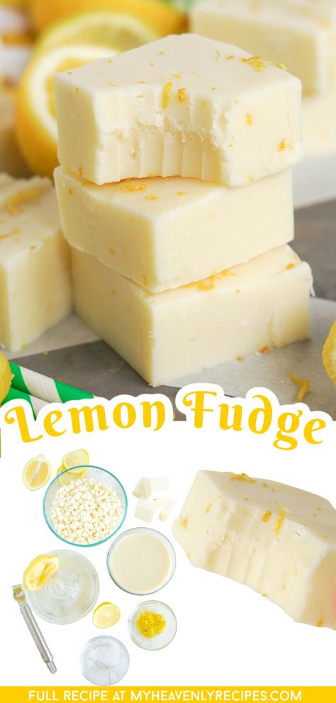 Lemon Fudge Recipe- easy lemon dessert treat idea to make for summer time. Lemon fudge recipe. Easy lemon zest yellow colored fudge. Lemon Fudge Recipe, Lemon Fudge, Slow Cooker Fudge, Easy Dessert Bars, Homemade Fudge Recipes, Baking Chips, Easy Candy Recipes, Fudge Flavors, Easy Sweets