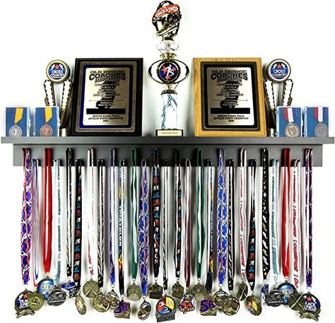 Amazon.com: 3ft Medal Awards Rack Premier Trophy Shelf- Trophy, Plaque and Medal Display (Black) : Sports & Outdoors Hanging Medals Ideas, Diana And Dallas, Award Shelves, Trophy Display Shelves, Awards Display, Hanging Medals, Medal Hanger Display, Trophy Shelf, Trophy Display