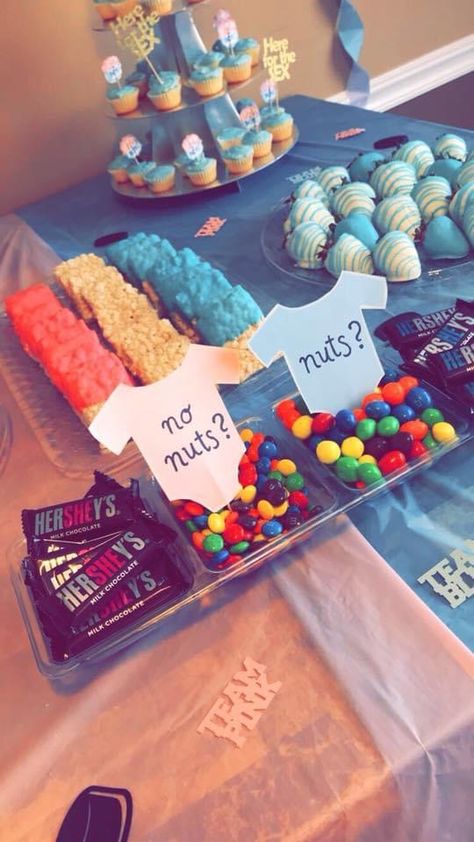 Gender Reveal Party Snacks Cute Ideas, Gender Reveal Ideas Brunch, Gender Reveal Snack Table Ideas, S’mores Themed Gender Reveal, Finger Food Ideas For Gender Reveal Party, Gender Reveal Foods Snacks, Gender Reveal Menu Food, Gender Real Food Ideas, Gender Reveal Sweet Treats