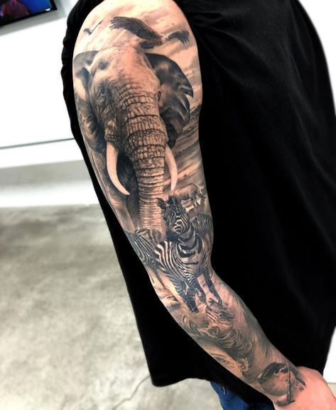 Full Animal Sleeve Tattoos, Men’s Elephant Tattoo, Elephant Jungle Tattoo, Safari Arm Sleeve Tattoo, Safari Animals Tattoo, Mens Animal Tattoo Sleeve, Safari Back Tattoo, Safari Leg Sleeve Tattoo, Love Sleeve Tattoo