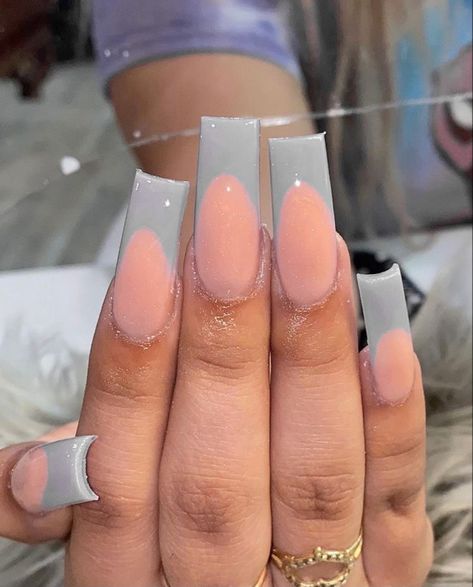 Cute Gray Nails Acrylic, Grey French Tip Acrylic Nails, White Base Acrylic Nails, Light Grey French Tip Nails, Dark Grey French Tip Nails, Gray Acrylic Nails Design, Cute Basic Nails Acrylic, Grey French Nails, Gray French Tip Nails