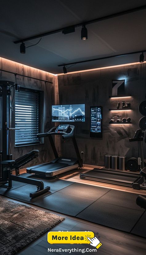 A home gym with large windows and an industrial design, offering a bright and airy space with a mix of cardio and strength training equipment. Gym Setup Ideas, Luxury Home Gym, Boutique Gym, Home Gym Ideas, Home Gym Inspiration, Gym Design Interior, Luxury Gym, Home Gym Setup, Home Gym Garage