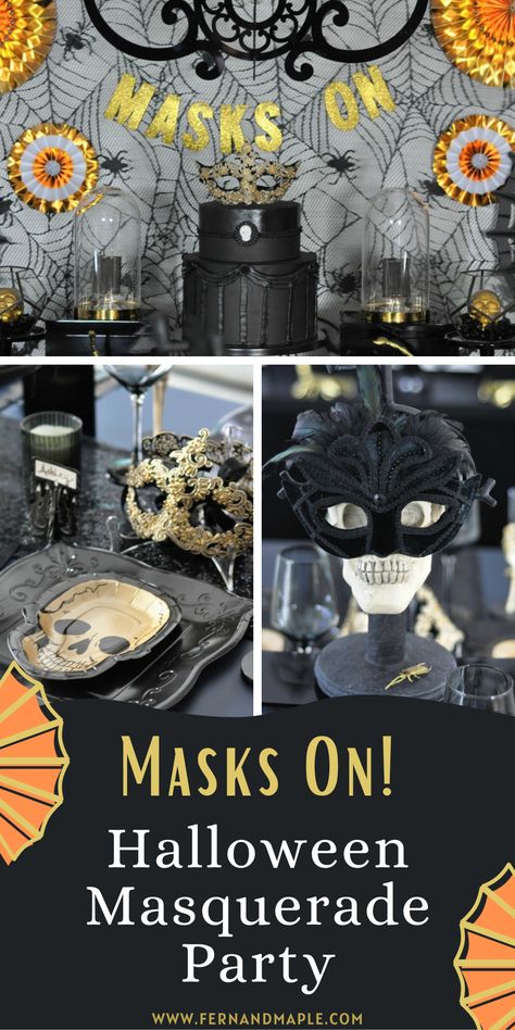 How to set the spooky scene with an elegant Halloween Masquerade Party! With tons of DIY details and decor & dessert inspiration. Get details and tons more Halloween party ideas now at www.fernandmaple.com. Spooky Masquerade Party, Gothic Masquerade Party, Masquerade Halloween Party Ideas, Haunted Masquerade Party, Masquerade Halloween Party Decorations, Masquerade Theme Party Outfit, Ideas For Dessert Table, Mascarade Party Ideas, Masquerade Party Decorations Diy