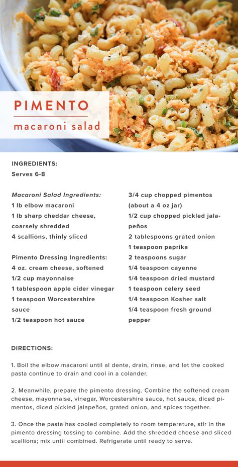 Pimento Cheese Pasta Salad, Macaroni Salad Ingredients, Cheese Pasta Recipes, Pimento Cheese Recipes, Mac Salad, Pimento Cheese, Elbow Macaroni, Pasta Salads, Dry Mustard