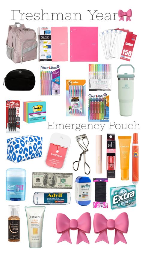 Back To School Highschool Freshman, Freshman Year High School, 6th Grade Tips, High School Essentials, Back To School Highschool, School Emergency Kit, School Backpack Essentials, High School Bags, Pretty School Supplies