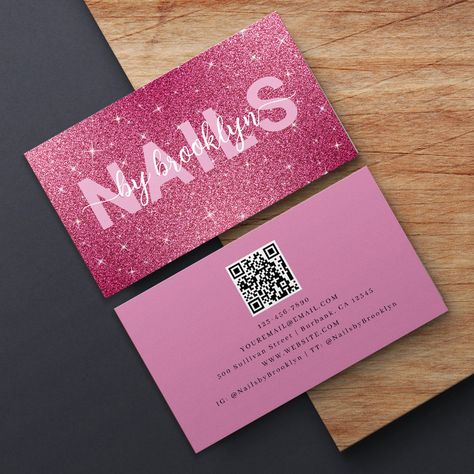 Hot Pink Glitter Nails, Nail Tech Business Cards, Qr Code Business, Buisness Cards, Hot Pink Glitter, Qr Code Business Card, Pink Glitter Nails, Beautiful Photoshoot Ideas, Name Card Design