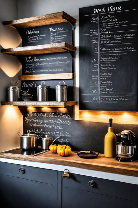 A kitchen with a variety of hanging planters and greenery decorating the walls. Kitchen Wall Chalkboard Ideas, Extra Kitchen Wall Space Ideas, Kitchen Hanging Shelves, Black Wall Kitchen, Kitchen Chalkboard Ideas, Chalkboard Backsplash, Feature Wall Kitchen, Black Walls Kitchen, Kitchen Shelves Ideas