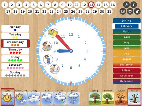 Niki Time ($3.99) a clock/calendar learning tool. Help children approaching the time concept: hours, dates, days, months, seasons & weather. Colors used to distinguish days, months, seasons, & make clock easy to read. The clock face in two formats: 12 or 24 hrs. Seasons beginning is configurable based on where you live. Within the clock face is possible to add some pictograms to schedule common activities. Pictograms can be selected from the included library or photos. Dr Seuss Bulletin Board, Abstract Thinking, Time Concept, Preschool Prep, Math Apps, Scheduling App, Visual Strategy, Kids Math, Childcare Activities