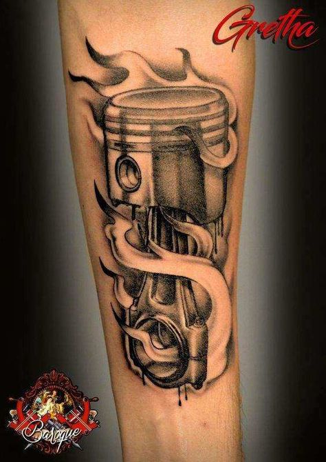 Diesel Injector Tattoo, Tattoo Ideas For Mechanics, Mechanics Tattoo Ideas, Car Piston Tattoo, Car Mechanic Tattoo Ideas, Diesel Tattoo Ideas, Piston Tattoo Ideas, Racing Tattoos For Men, Diesel Mechanic Tattoo