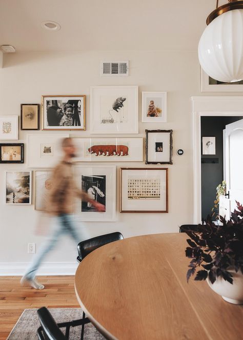 Picture Frame Wall Dining Room, Framed School Pictures On Wall, Wall Art With Photos, Hallway Decorating Photos Wall Ideas, Gallery Wall With Paintings And Photos, Bench Gallery Wall, Big Frame Gallery Wall, Mirror And Photo Gallery Wall, Mid Century Modern Family Photo Wall