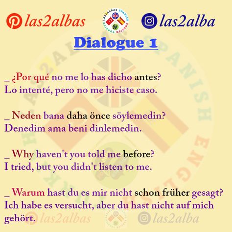 short dialogues to learn English and Spanish Spanish Dialogues, To Learn English, Past Tense, Spanish Lessons, Learning Spanish, Survival Skills, Learn English, I Tried, To Learn