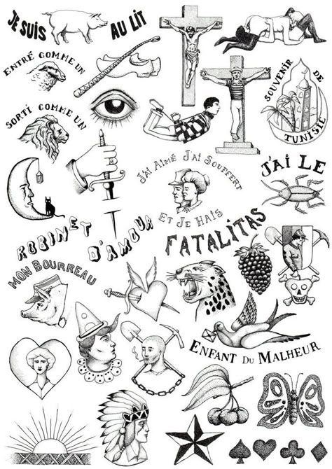 French Flash Tattoo, Small Old School Tattoo, Grunge Tattoo Designs, Dotwork Flash, Flash Tattoo Sleeve, Tupac Tattoo, Flash Sheet Tattoo, Small Nature Tattoo, France Tattoo