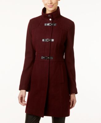 Kenneth Cole Faux-Leather-Trim Buckle-Front Walker Coat  | macys.com Only Fashion, Women's Coats & Jackets, Well Dressed, Kenneth Cole, Black Coat, Stand Collar, Leather Trims, Coats For Women, Wool Blend