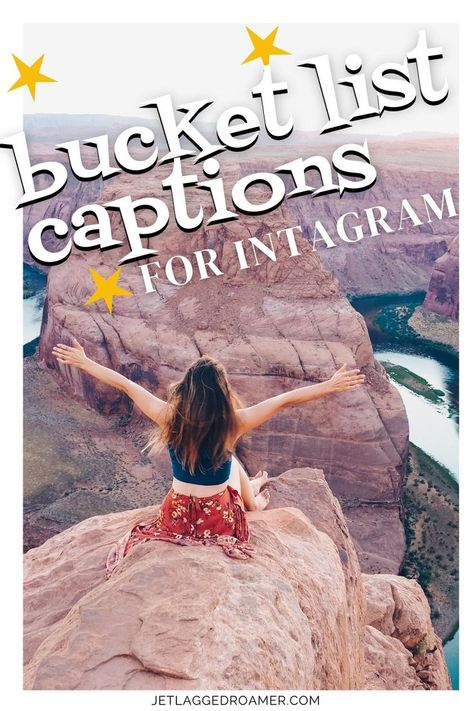 TEXT SAYS BUCKET LIST CAPTIONS FOR INSTAGRAM. WOMAN ALONE. Bucketlist Quotes Travel, Bucketlist Caption, Bucket List Instagram Captions, Bucket List Quotes Inspiration, Bucket List Captions For Instagram, Bucket List Captions, Travel Quotes Instagram, Instagram Captions Travel, Adventure Captions