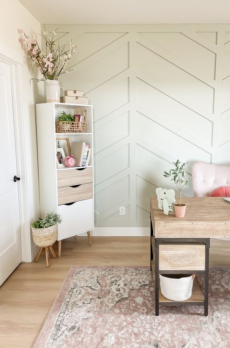 Home Desks, Kawaii Office, Pastel Paint Colors, Magnolia Homes Paint, Modern Farmhouse Decor Ideas, Pastel Paint, Sarah Joy, Work Cubicle, Herringbone Wall