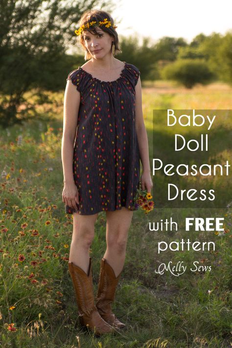 Sew a Peasant Dress - Boho Baby Doll Dress for Women - Free pattern and tutorial from Melly Sews Peasant Dress Tutorial, Peasant Top Pattern, Summer Dresses Tutorial, Peasant Dress Patterns, Doll Dress Pattern, Melly Sews, Sewing Tops, Dress Tutorial, Sewing Clothing