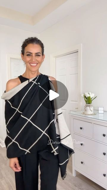 Wearing A Wrap Shawl, Shawl Drape Styles, Shawl Wearing Style, How To Wear Shawl With Dress, Scarf Shawl Outfit, Formal Scarf, Style A Scarf Outfit, Black Dress With Scarf Classy, Scarf Styles How To Wear A