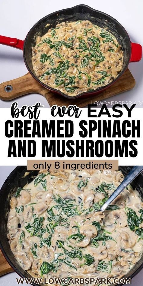 Whip up this quick and delicious creamed spinach and mushrooms – a perfect low-carb side dish for any meal. With perfectly seared mushrooms smothered in a creamy garlic spinach sauce, it's ready in under 20 minutes, making it a family favorite even for picky eaters. Easy Creamed Spinach, Creamy Spinach Chicken, Spinach Cream Sauce, Creamy Spinach Sauce, Spinach Recipes Healthy, Low Carb Side Dish, Creamed Spinach Recipe, Leftover Chicken Breast, Low Carb Side