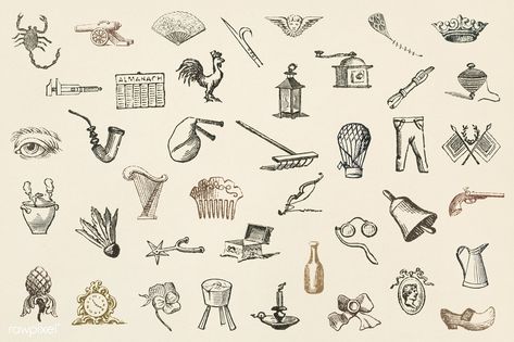 Set of Victorian-era objects from L'ornement Polychrome (1888) by Albert Racinet (1825–1893). Digitally enhanced from our own original 1888 edition. | premium image by rawpixel.com Victorian Tattoo, Victorian Candles, Arrow Illustration, Balloon Pattern, Arrow Icon, Victorian Illustration, Fish Icon, Plant Icon, Vintage Icons