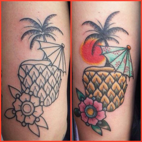 Pineapple cocktail drink in the sunset... Tattooed by myself Pineapple Drink Tattoo, Potato Tattoo, Drink Tattoo, Cocktail Tattoo, Sister Tats, Tiny Trinkets, Umbrella Tattoo, Tropical Tattoo, Rocket Tattoo