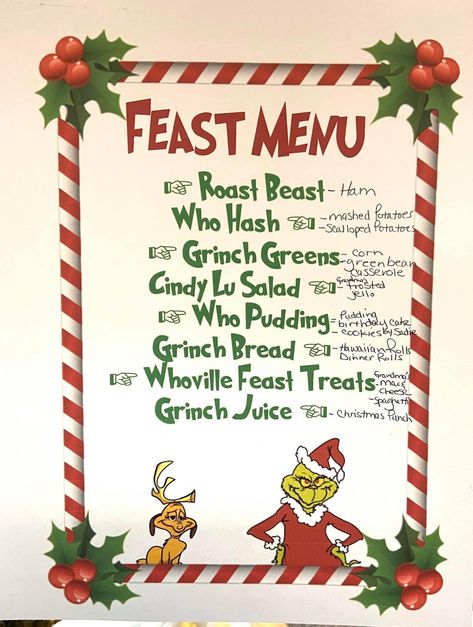 Grinch Menu Printable, Grinch Feast, Grinch Dinner, Disney Wedding Centerpieces, Christmas Candies, Grinch Christmas Party, Whoville Christmas, Fun Christmas Party Games, Christmas Movie Night