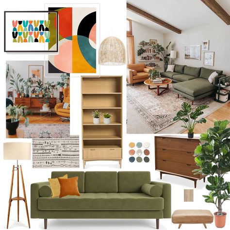 Mid Century Living Room Mood Board, Mid Century Modern Living Room Moodboard, Midcentury Mood Board, Midcentury Living Rooms, Colorful Mid Century Modern Living Room, Mid Century Apartment Decor, Mid Century Modern Mood Board, Mood Board For Interior Design, Mid Century Color Scheme